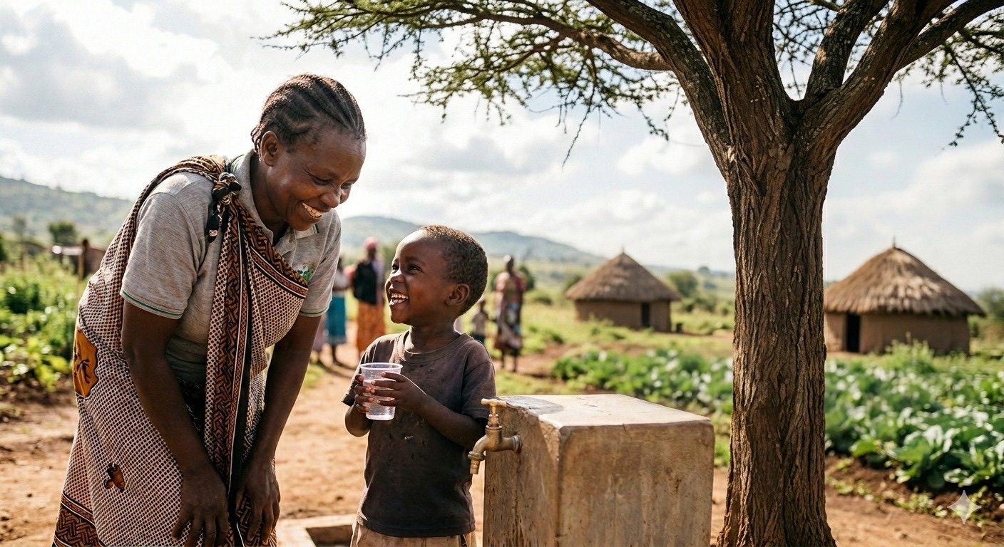 A woman and a smiling child at a community water point, the child holding a glass of clean water